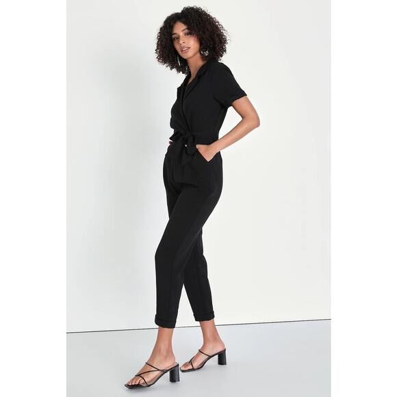 Lulus Sensible Sensation Black Tie-Front Short Sleeve Jumpsuit size Medium - Picture 8 of 8